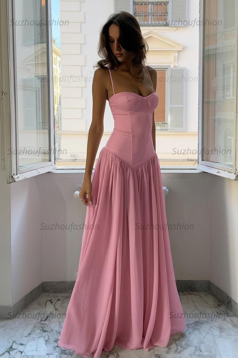 Suzhoufashion A Line Spaghetti Straps Pink Corset Prom Dress With Ruffles Formal Evening Gown