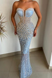 Suzhoufashion Amazing Sky Blue Sweetheart Pearls Prom Dress Mermaid With Beads