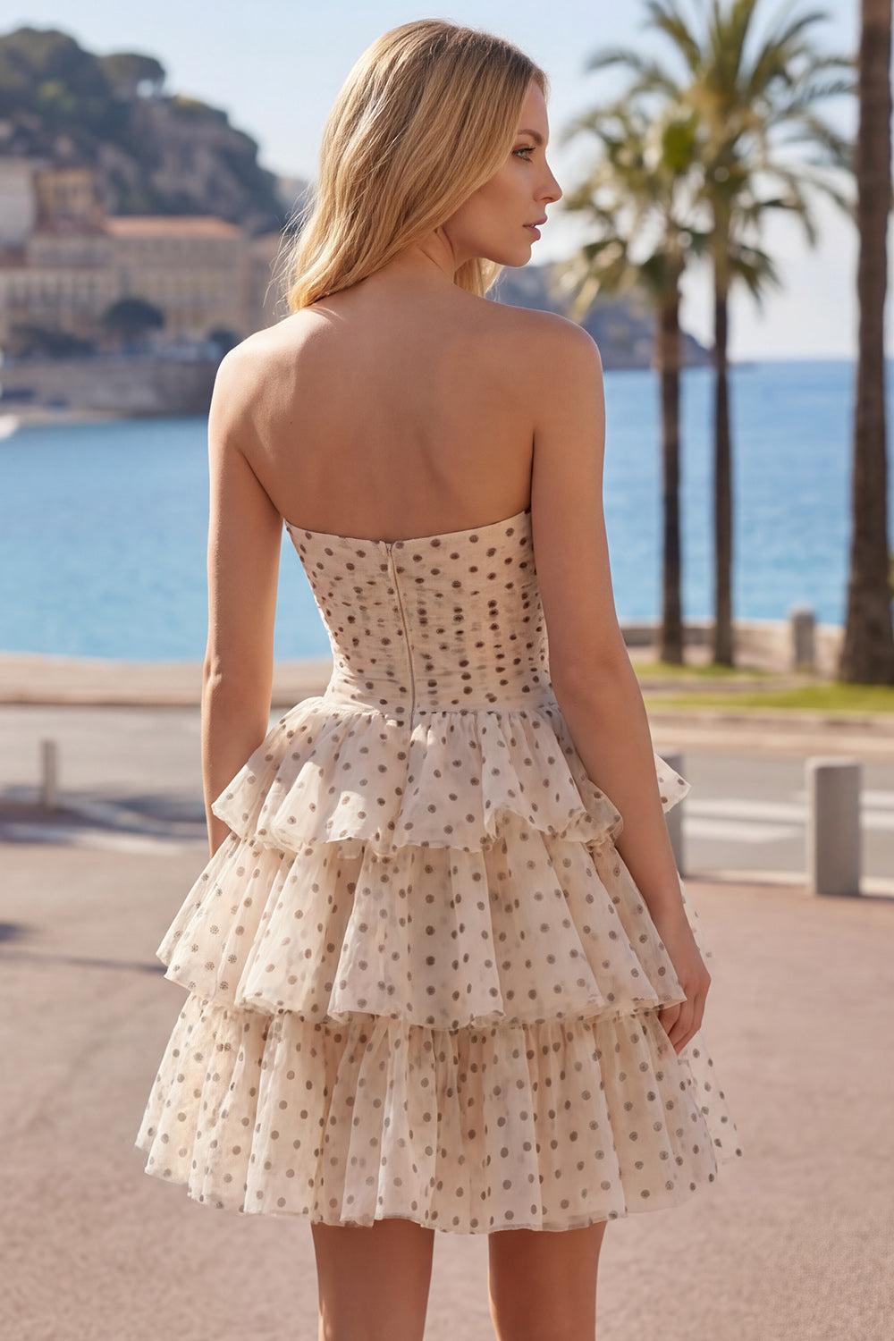 Suzhoufashion Apricot & Black Polka Dot Strapless Keyhole A-Line Short Homecoming Dress
