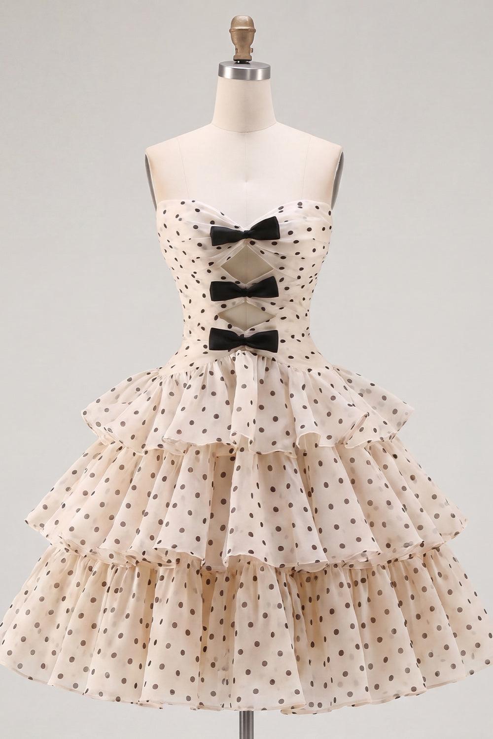 Suzhoufashion Apricot & Black Polka Dot Strapless Keyhole A-Line Short Homecoming Dress