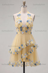 Suzhoufashion Apricot Floral Halter Tiered A-Line Short Homecoming Dress