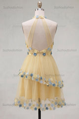 Suzhoufashion Apricot Floral Halter Tiered A-Line Short Homecoming Dress