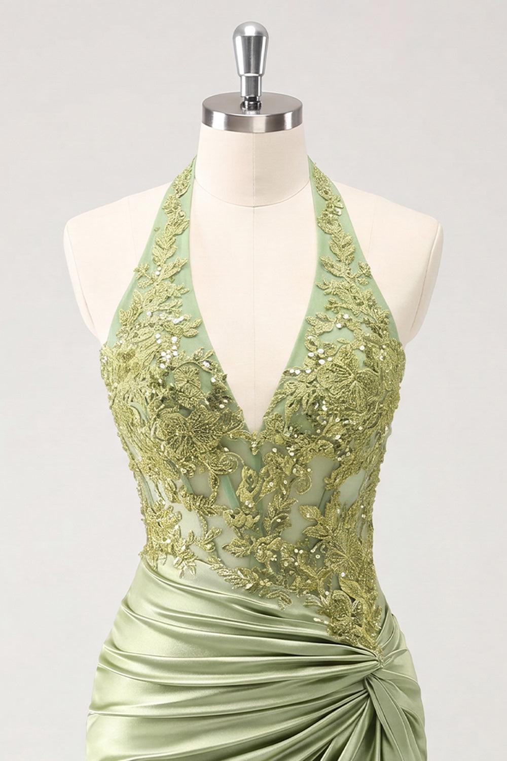 Suzhoufashion Army Green Ruched Appliqued Halter Tight Corset Short Homecoming Dress