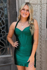 Suzhoufashion Beaded Dark Green Corset Bodycon Halter Short Homecoming Dress