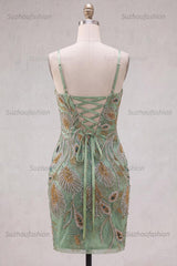 Suzhoufashion Beaded Sage Green Tight Short Homecoming Dress with Bow