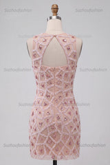 Suzhoufashion Beaded Sequin Blush Round Neck Tight Short Homecoming Dress