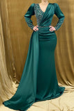 Suzhoufashion Beautiful Beading Mermaid Evening Dresses With Long Sleeves Long Green V-neck