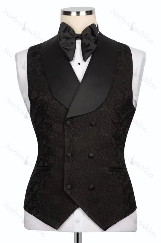 Suzhoufashion Black 3 Piece Jacquard Gold Crystals Appliques Prom Men Suit