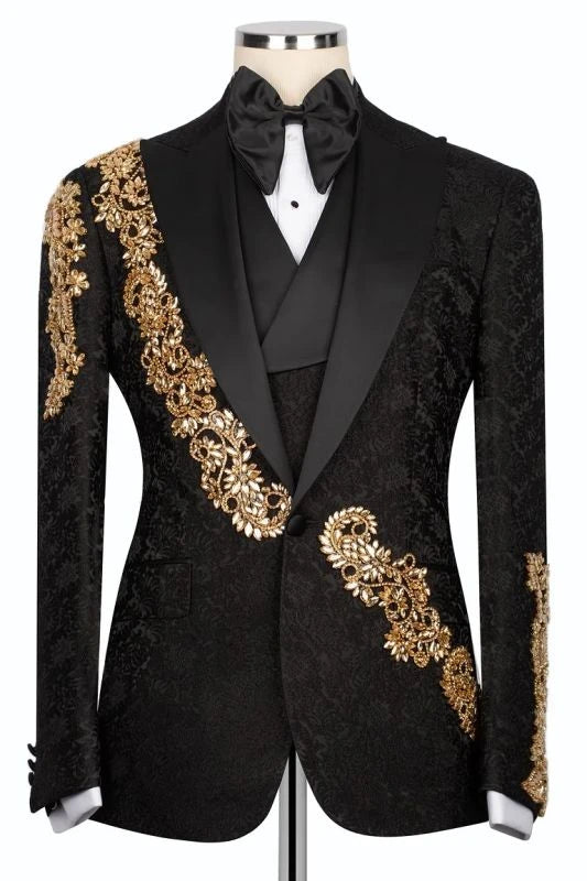 Suzhoufashion Black 3 Piece Jacquard Gold Crystals Appliques Prom Men Suit