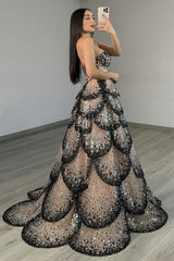 Suzhoufashion Black Apricot Tiered Prom Dress Strapless A Line Long Formal Dress With Sequin