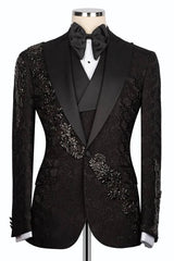 Suzhoufashion Black Crystals 3 Piece Jacquard Bespoke Prom Suits