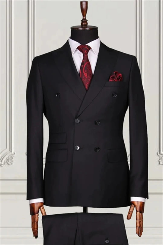 Suzhoufashion Black Double Breasted Peaked Lapel Prom Men Suits