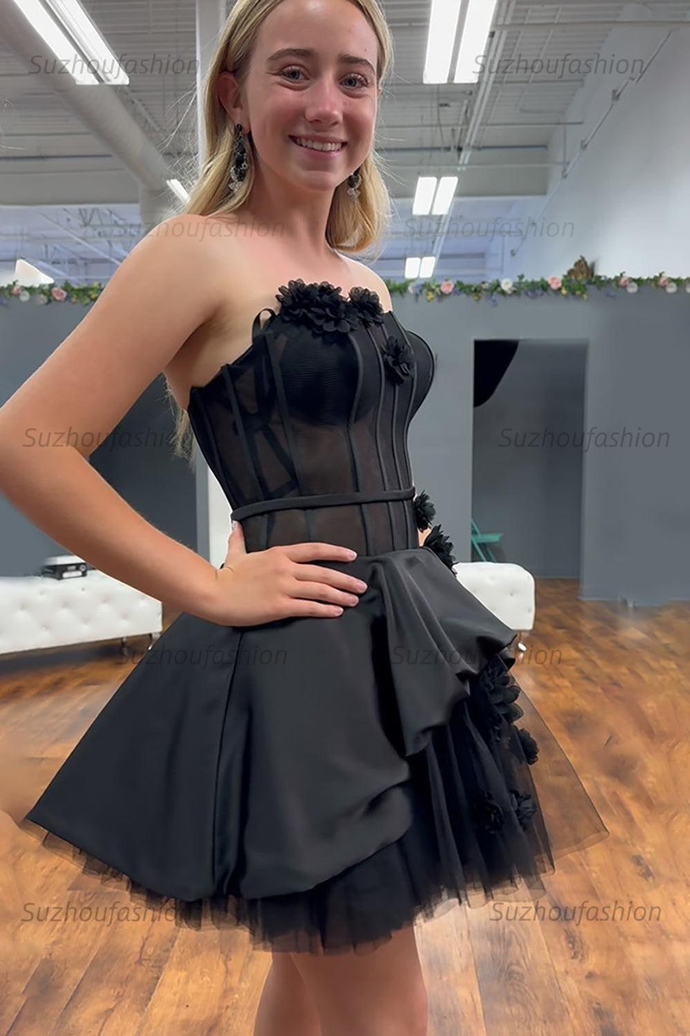Suzhoufashion Black Floral Strapless A-Line Corset Short Homecoming Dress