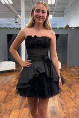 Suzhoufashion Black Floral Strapless A-Line Corset Short Homecoming Dress