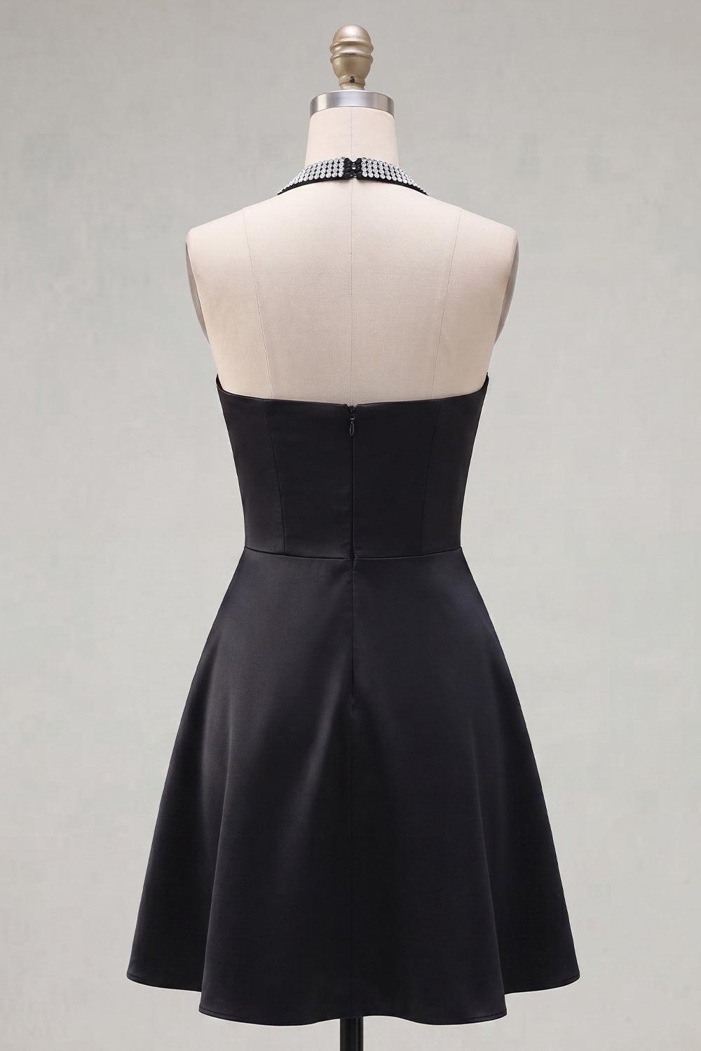 Suzhoufashion Black Halter Beaded A-Line Short Homecoming Dress