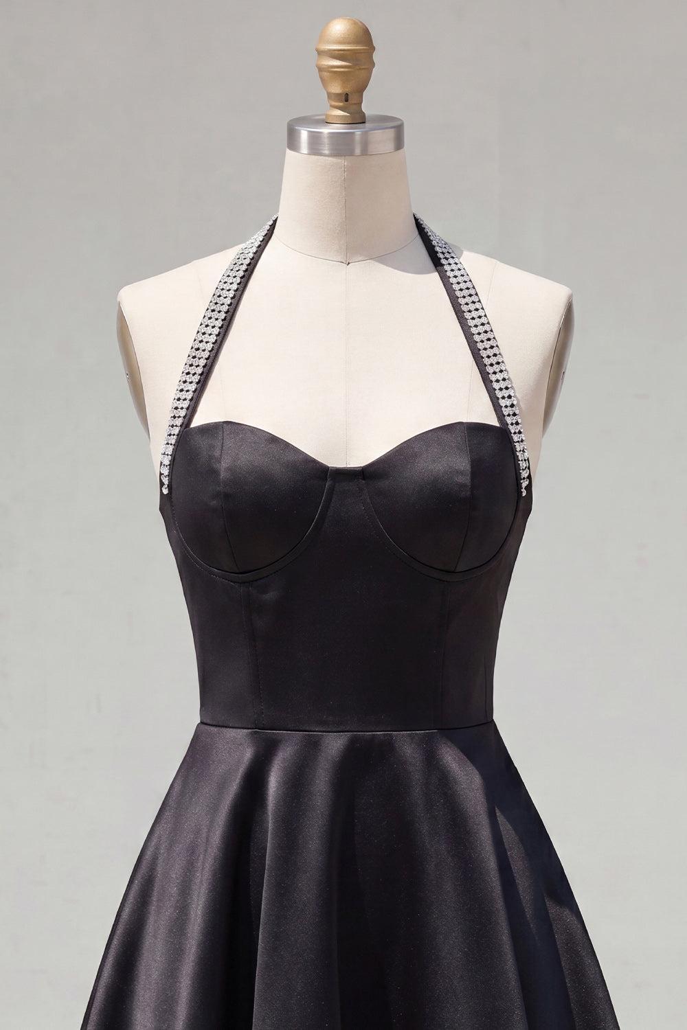 Suzhoufashion Black Halter Beaded A-Line Short Homecoming Dress