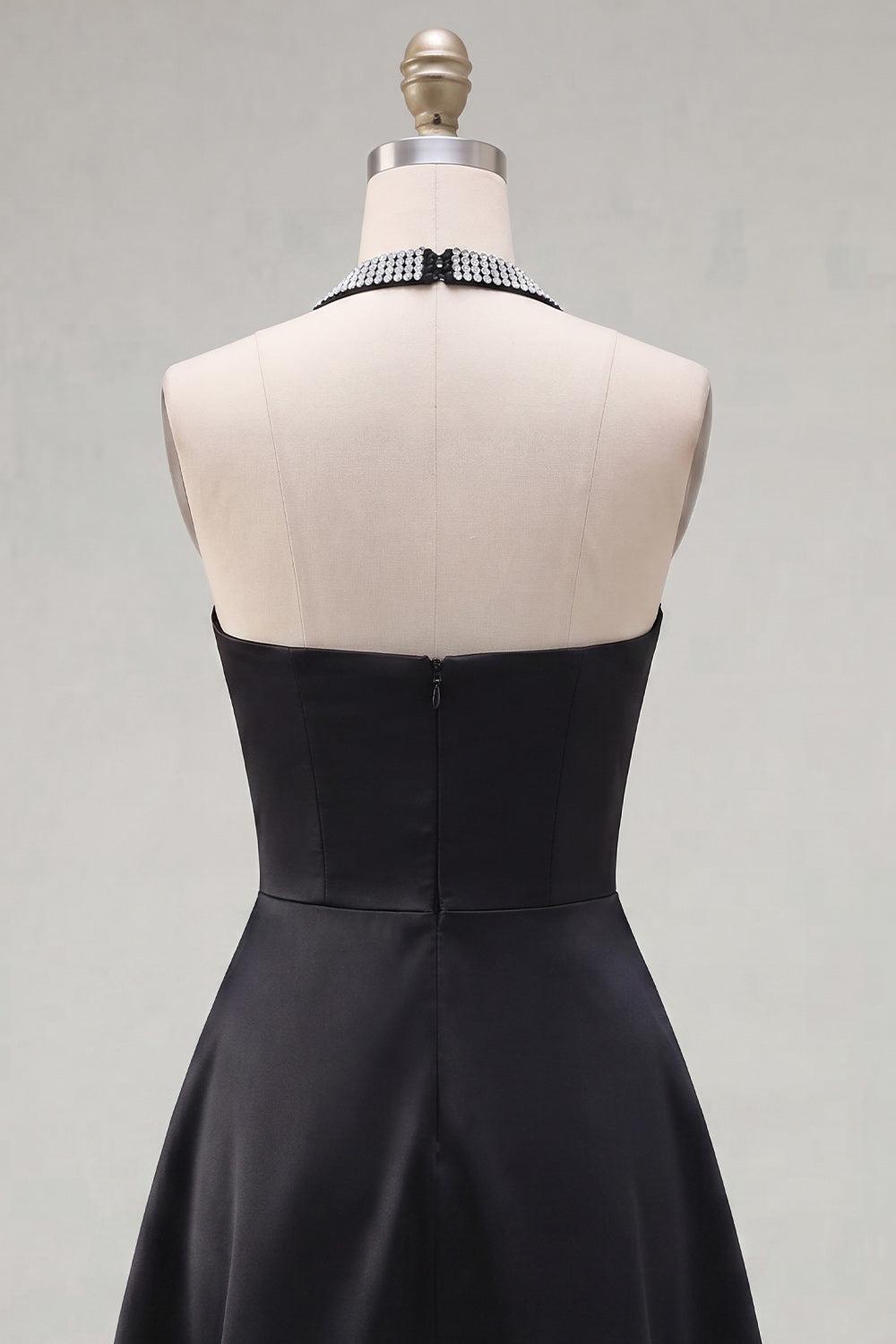 Suzhoufashion Black Halter Beaded A-Line Short Homecoming Dress