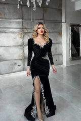 Suzhoufashion Black Long Sleeve Velvet Christmas Party Dress Appliques Formal Dress with Slit