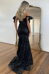 Suzhoufashion Black Off-Shoulder Sequin Mermaid Prom Dress With Bow Sleeves And Train Formal Evening Gown