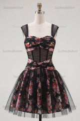 Suzhoufashion Black & Pink Floral Ruched Corset A-Line Short Homecoming Dress