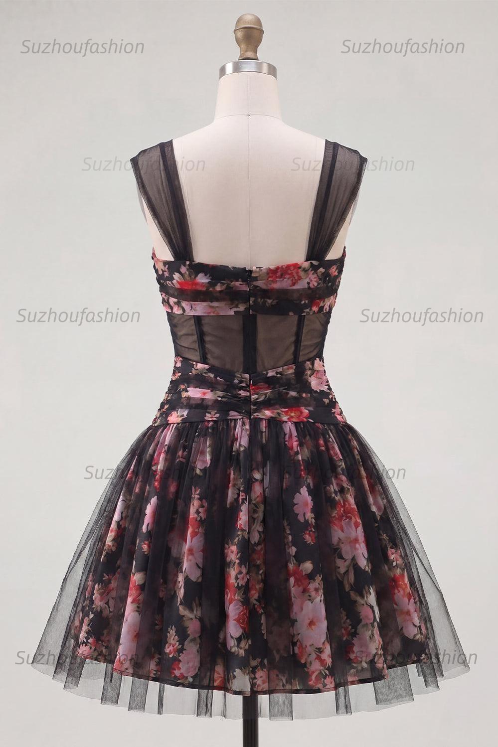 Suzhoufashion Black & Pink Floral Ruched Corset A-Line Short Homecoming Dress
