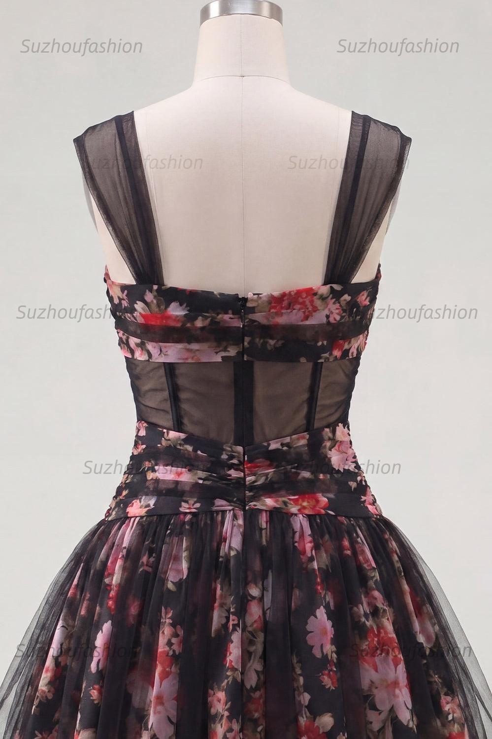 Suzhoufashion Black & Pink Floral Ruched Corset A-Line Short Homecoming Dress