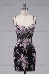 Suzhoufashion Black & Pink Floral Spaghetti Straps Corset Tight Short Homecoming Dress