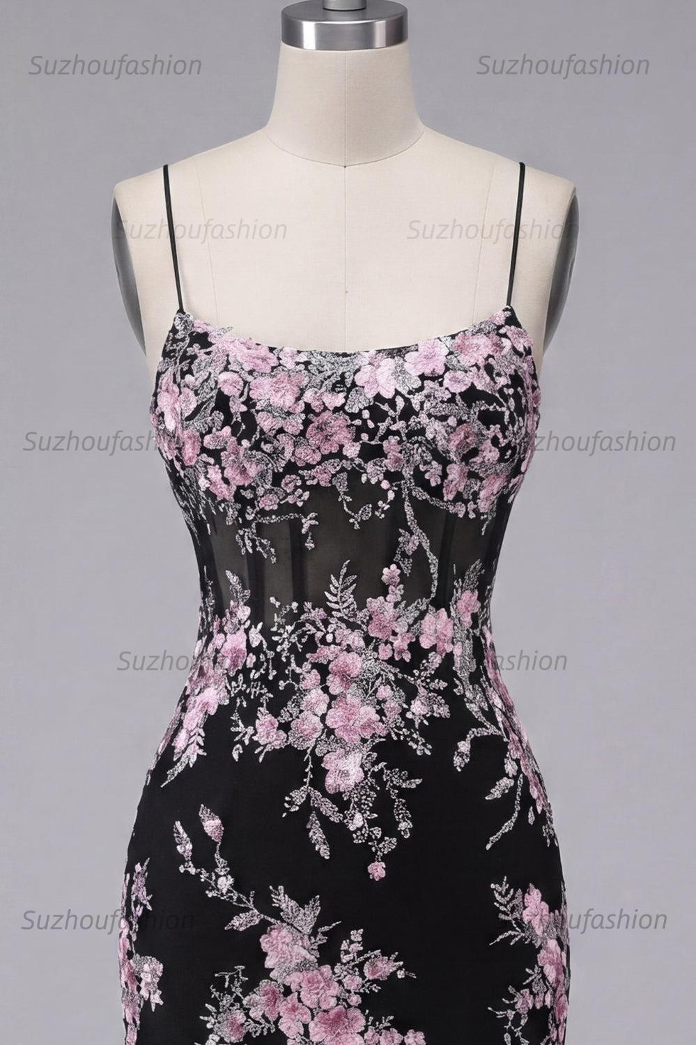 Suzhoufashion Black & Pink Floral Spaghetti Straps Corset Tight Short Homecoming Dress