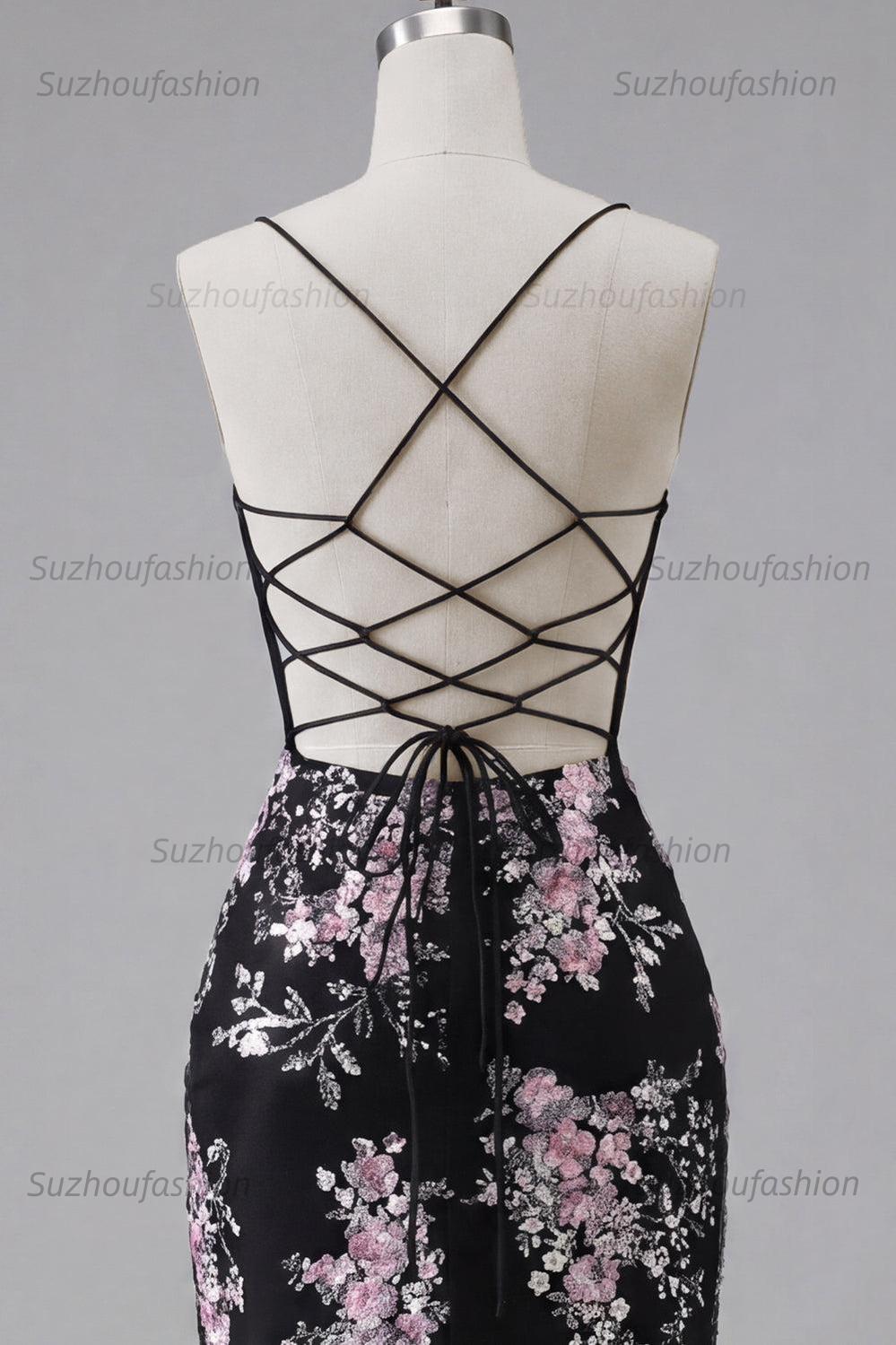 Suzhoufashion Black & Pink Floral Spaghetti Straps Corset Tight Short Homecoming Dress