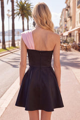 Suzhoufashion Black & Pink One Shoulder Beaded A-Line Short Homecoming Dress with Bow