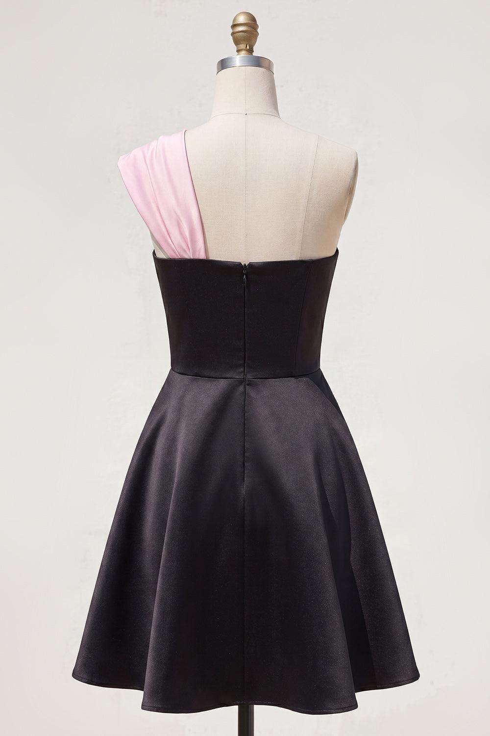 Suzhoufashion Black & Pink One Shoulder Beaded A-Line Short Homecoming Dress with Bow