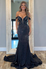 Suzhoufashion Black Plunging V-Neck Sheer Illusion Sparkle Mermaid Prom Dress Formal Evening Gown