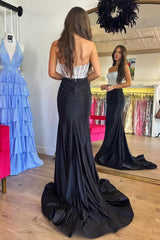 Suzhoufashion Black & Silver Strapless Structured Corset Top Beading Prom Dress With High Slit Formal Evening Gown
