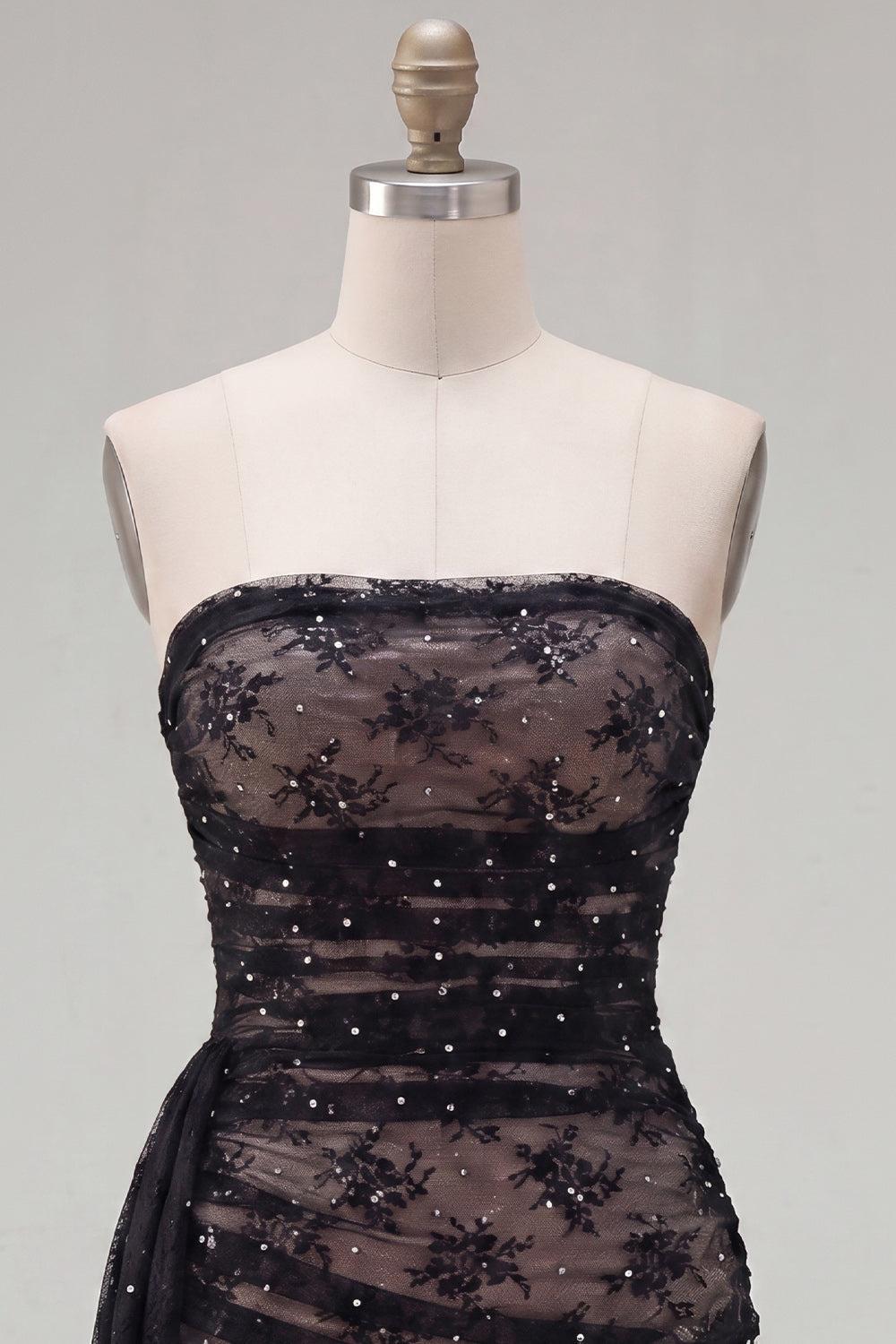 Suzhoufashion Black Strapless Beaded Tight Short Homecoming Dress with Sash