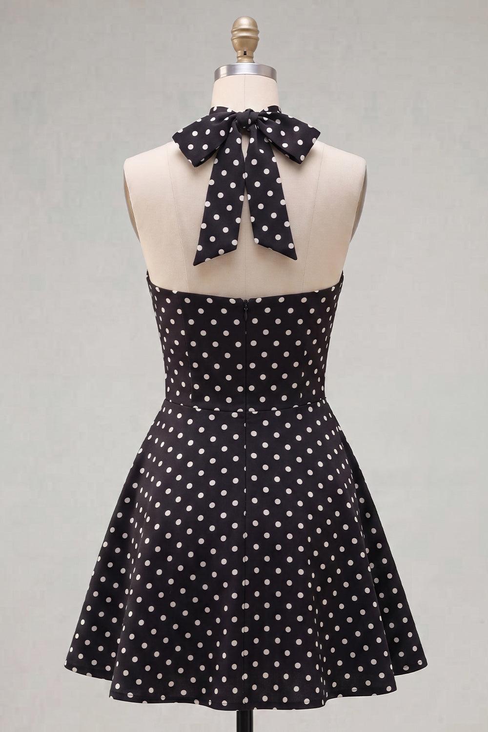 Suzhoufashion Black & White Polka Dot Halter Keyhole A-Line Short Homecoming Dress