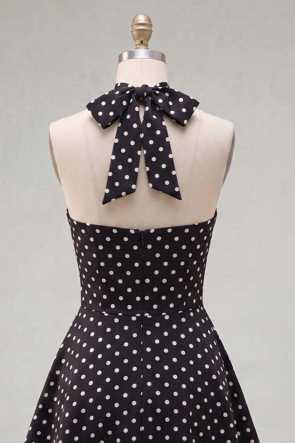 Suzhoufashion Black & White Polka Dot Halter Keyhole A-Line Short Homecoming Dress