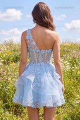 Suzhoufashion Blue Floral Beaded Keyhole A-Line Corset Short Homecoming Dress with Ruffles