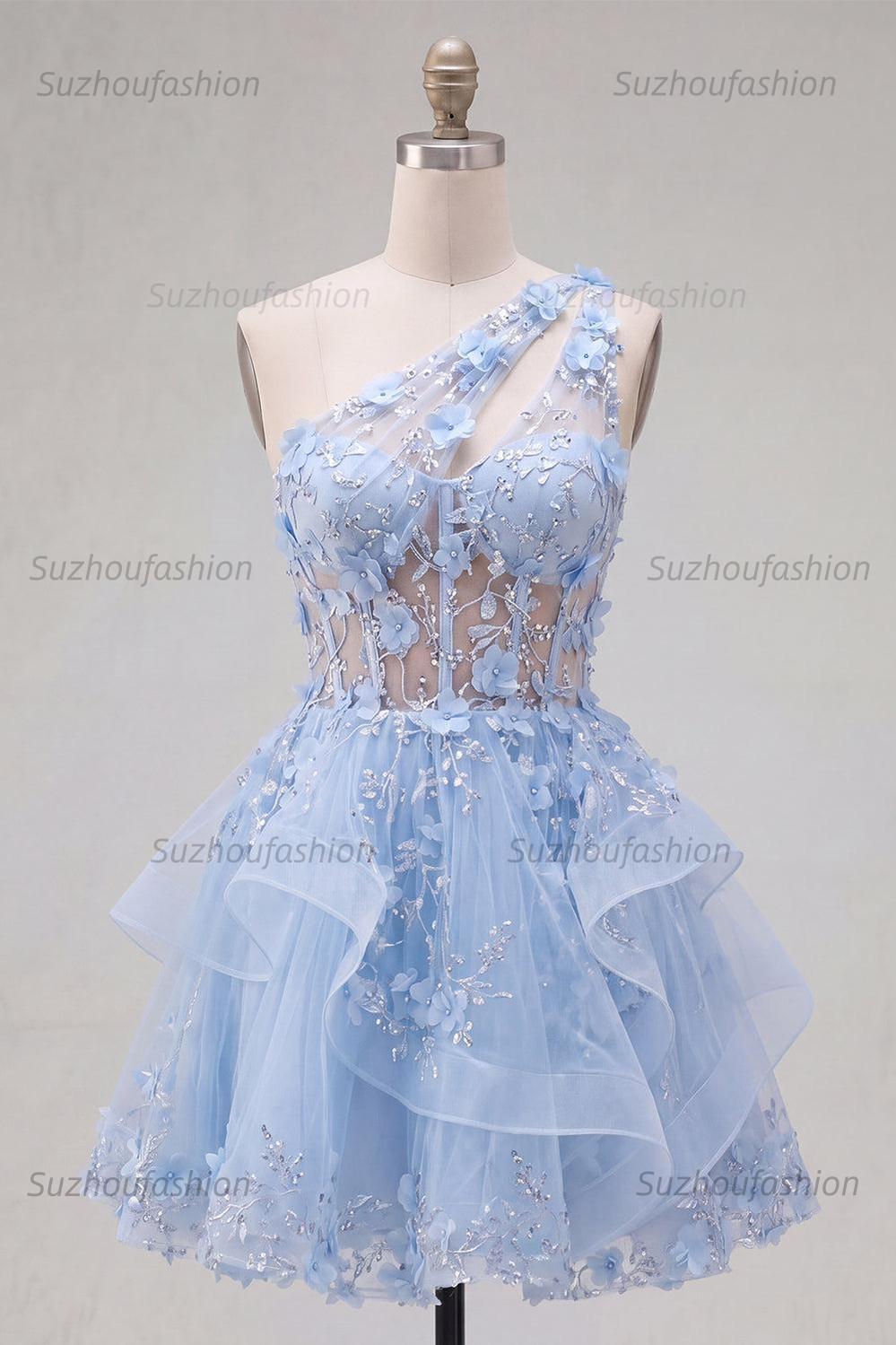Suzhoufashion Blue Floral Beaded Keyhole A-Line Corset Short Homecoming Dress with Ruffles