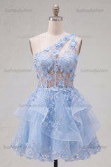 Suzhoufashion Blue Floral Beaded Keyhole A-Line Corset Short Homecoming Dress with Ruffles