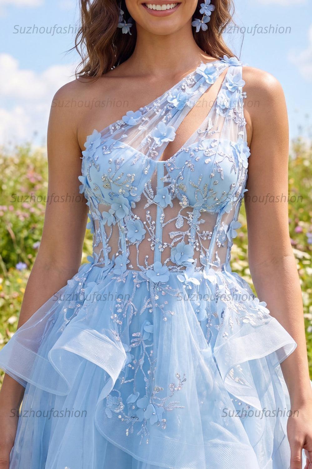Suzhoufashion Blue Floral Beaded Keyhole A-Line Corset Short Homecoming Dress with Ruffles