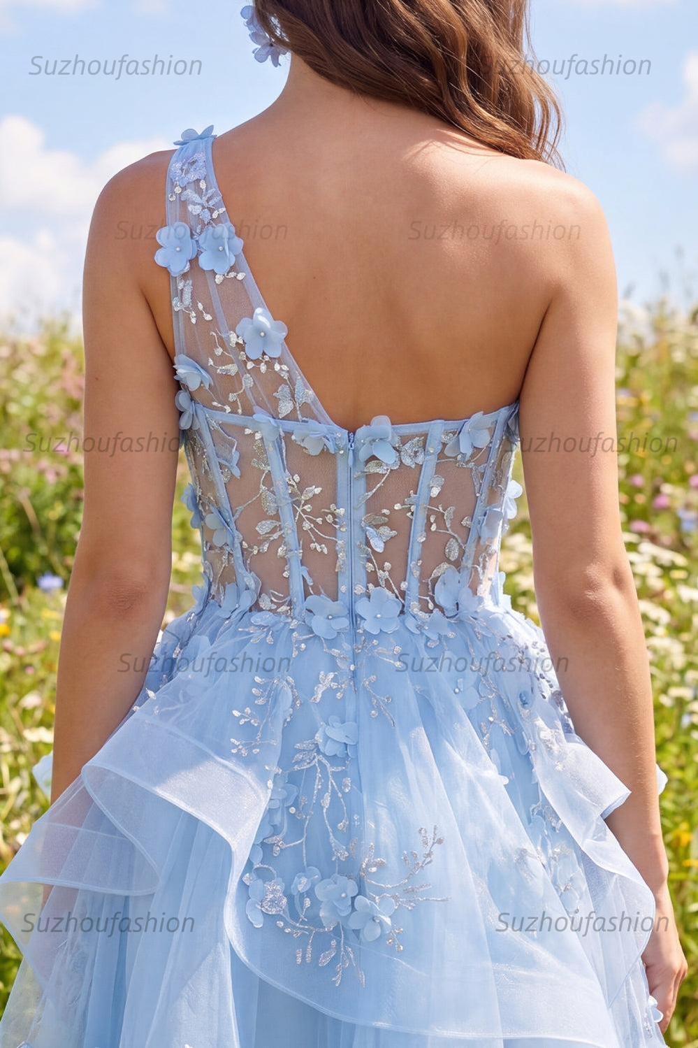 Suzhoufashion Blue Floral Beaded Keyhole A-Line Corset Short Homecoming Dress with Ruffles