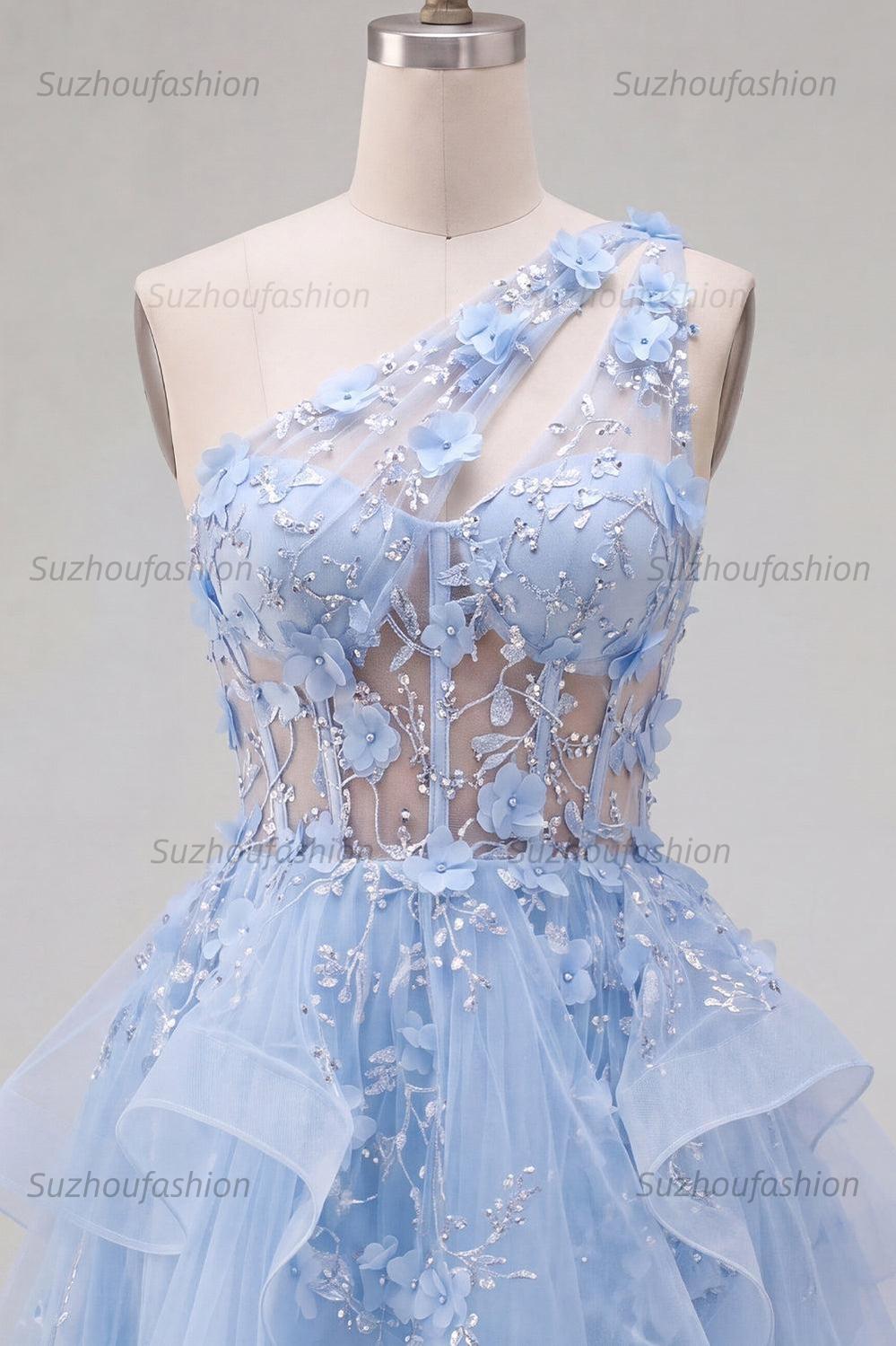 Suzhoufashion Blue Floral Beaded Keyhole A-Line Corset Short Homecoming Dress with Ruffles