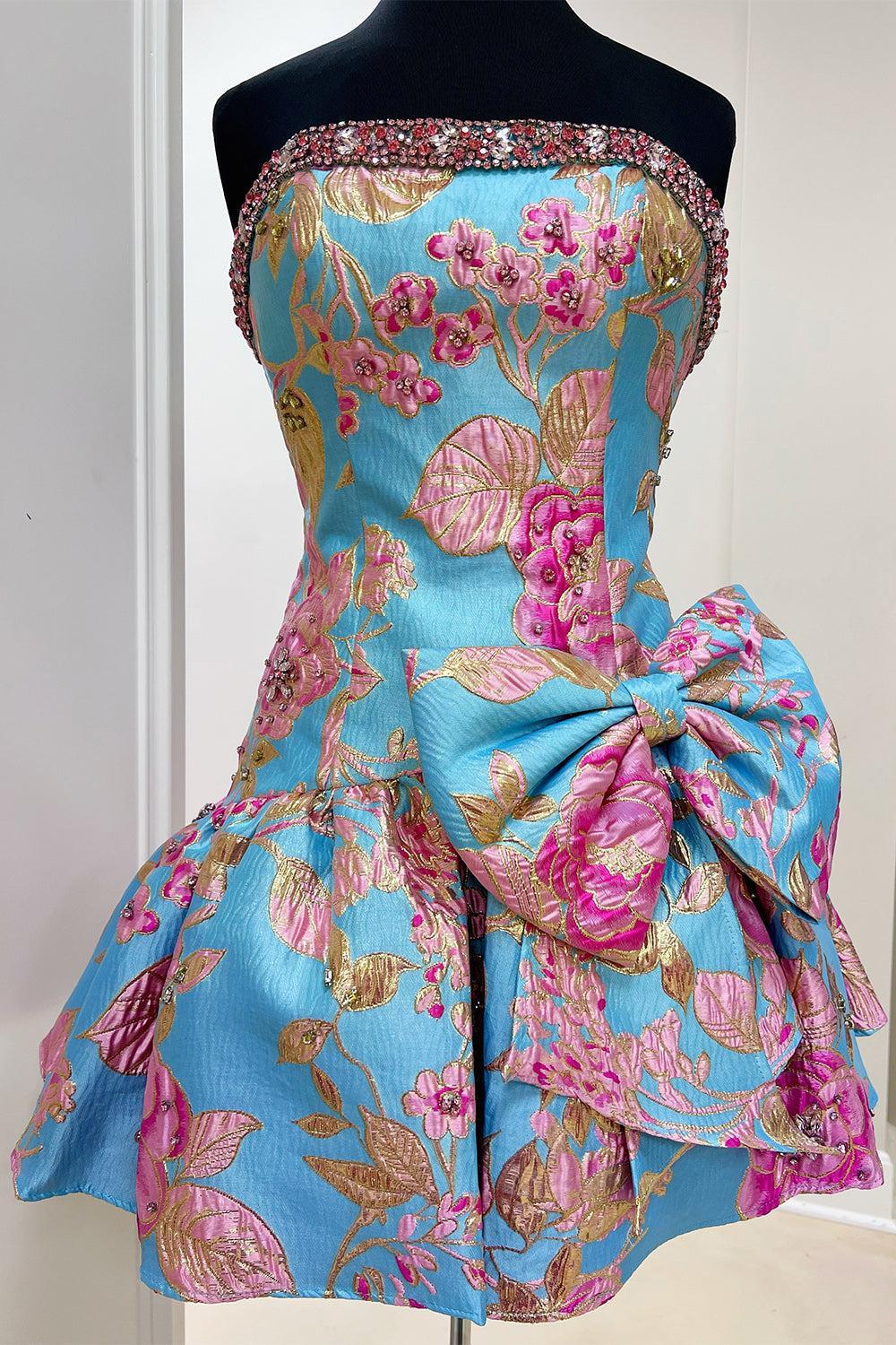 Suzhoufashion Blue Floral Beaded Strapless Short A Line Homecoming Dress with Bow