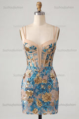 Suzhoufashion Blue Floral Corset Sequin Tight Short Homecoming Dress