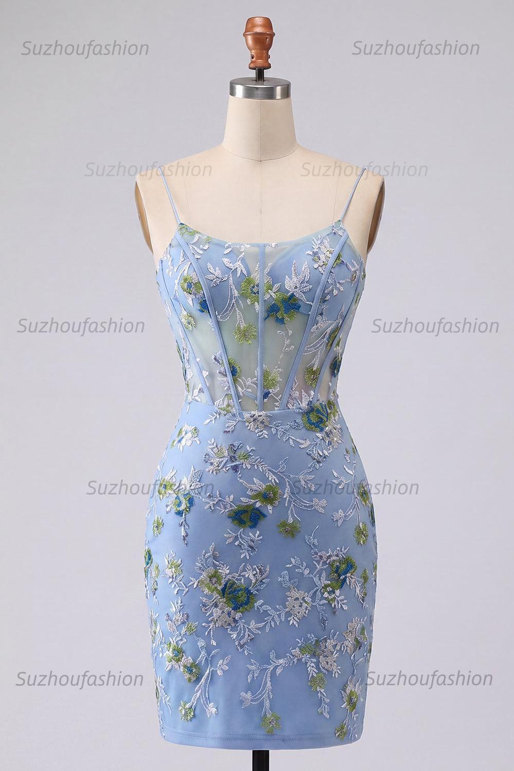 Suzhoufashion Blue Floral Spaghetti Straps Corset Tight Short Homecoming Dress