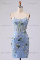 Suzhoufashion Blue Floral Spaghetti Straps Corset Tight Short Homecoming Dress