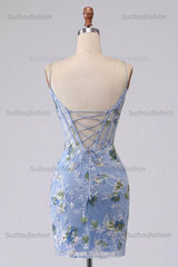 Suzhoufashion Blue Floral Spaghetti Straps Corset Tight Short Homecoming Dress