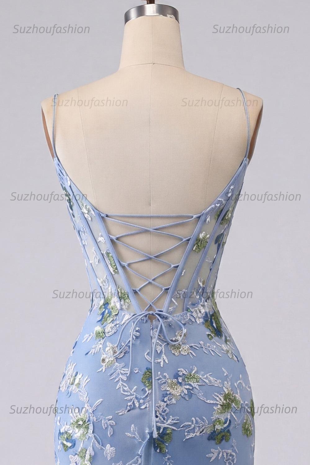 Suzhoufashion Blue Floral Spaghetti Straps Corset Tight Short Homecoming Dress