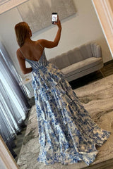 Suzhoufashion Blue Floral Spaghetti Straps Ruffle High-Slit Prom Dress With Lace Bodice Formal Evening Gown