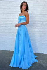 Suzhoufashion Blue Flowing Chiffon Strapless Corset Prom Dress With Bow Bodice Formal Evening Gown